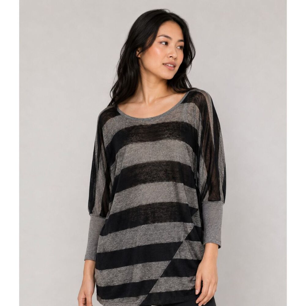 Vince Alpaca Wool Silk Striped Semi Sheer Dolman Tunic Sweater Gray Black M